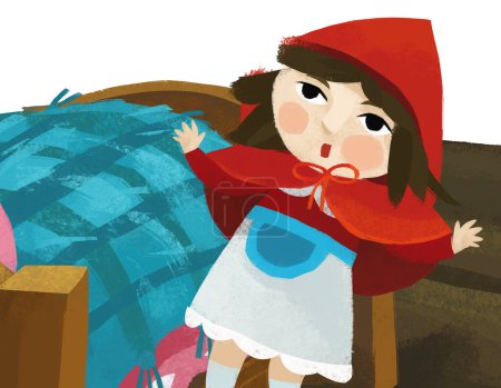 Foto de Escena de dibujos animados con niña pequeña cerca de cama de madera en capucha roja ilustración para niños - Imagen libre de derechos