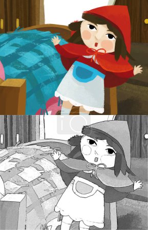 Téléchargez les photos : Cartoon scene with little girl kid near wooden bed in red hood illustration for children sketch - en image libre de droit