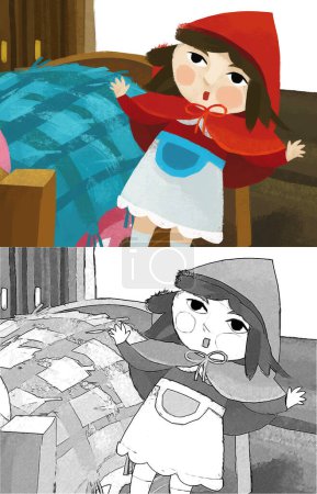 Téléchargez les photos : Scène de dessin animé avec petite fille enfant près du lit en bois dans le capot rouge illustration pour enfants croquis - en image libre de droit