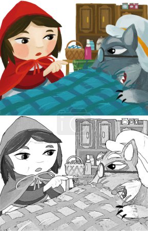 Photo for Cartoon scene with bad wolf in disguise of grandmother resting in the bed and little girl illustration sketch - Royalty Free Image