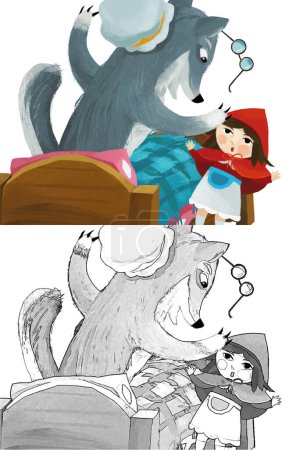 Foto de Escena de dibujos animados con lobo malo disfrazado de abuela descansando en la cama y niña ilustración boceto - Imagen libre de derechos