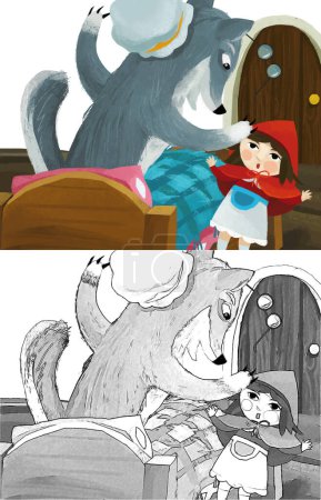 Téléchargez les photos : Scène de dessin animé avec mauvais loup déguisé de grand-mère reposant dans le lit et petite fille illustration croquis - en image libre de droit