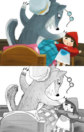 Foto de Cartoon scene with bad wolf in disguise of grandmother resting in the bed and little girl illustration sketch - Imagen libre de derechos