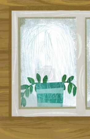 Téléchargez les photos : Scène de dessin animé avec fenêtre dans la maison en bois illustration - en image libre de droit