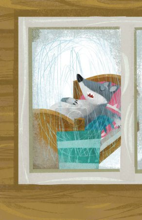 Téléchargez les photos : Cartoon scene with wolf in the window of wooden house illustration - en image libre de droit
