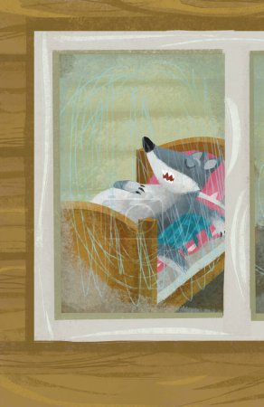 Téléchargez les photos : Scène de dessin animé avec loup dans la fenêtre de la maison en bois illustration - en image libre de droit