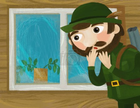 Téléchargez les photos : Cartoon scene with hunter forester man near the window of wooden farm house illustration - en image libre de droit
