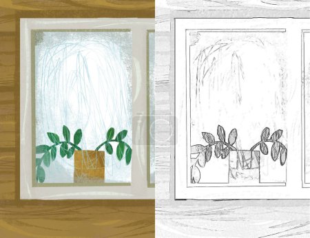 Téléchargez les photos : Scène de dessin animé avec fenêtre dans la maison en bois illustration croquis - en image libre de droit
