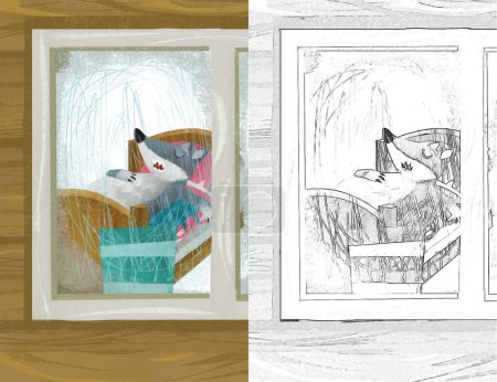 Téléchargez les photos : Cartoon scene with wolf in the window of wooden house illustration sketch - en image libre de droit