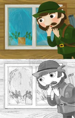 Téléchargez les photos : Cartoon scene with hunter forester man near the window of wooden farm house illustration sketch - en image libre de droit