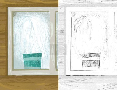 Photo for Cartoon scene with window in the wooden house illustration sketch - Royalty Free Image