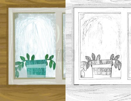 Téléchargez les photos : Scène de dessin animé avec fenêtre dans la maison en bois illustration croquis - en image libre de droit