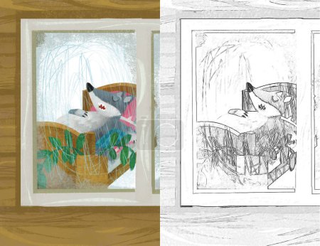 Téléchargez les photos : Cartoon scene with wolf in the window of wooden house illustration sketch - en image libre de droit