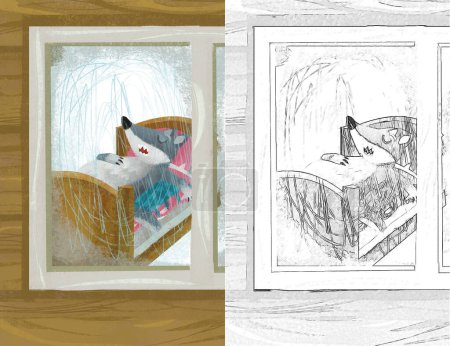 Foto de Escena de dibujos animados con lobo en la ventana de la casa de madera ilustración boceto - Imagen libre de derechos