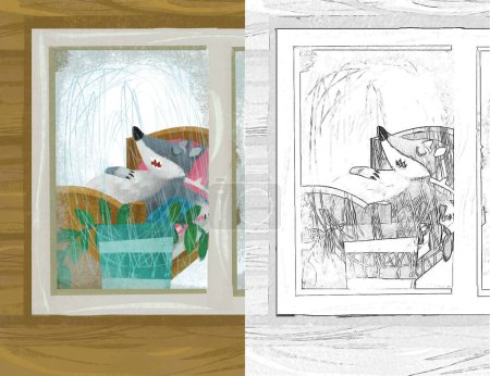 Téléchargez les photos : Scène de dessin animé avec loup dans la fenêtre de la maison en bois illustration croquis - en image libre de droit