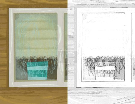Téléchargez les photos : Cartoon scene with window in the wooden house illustration sketch - en image libre de droit