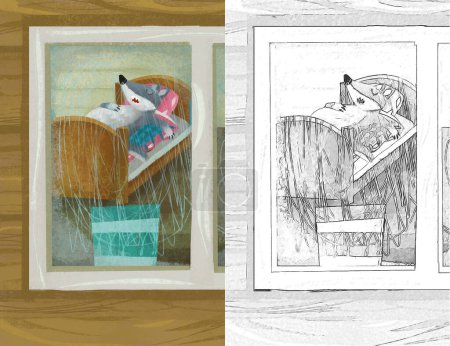 Téléchargez les photos : Scène de dessin animé avec loup dans la fenêtre de la maison en bois illustration croquis - en image libre de droit