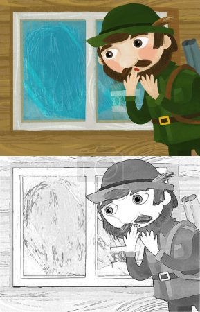 Téléchargez les photos : Cartoon scene with hunter forester man near the window of wooden farm house illustration sketch - en image libre de droit