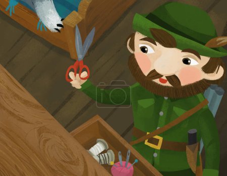 Photo for Cartoon scene with hunter forester in farm house with tailoring tools illustration - Royalty Free Image