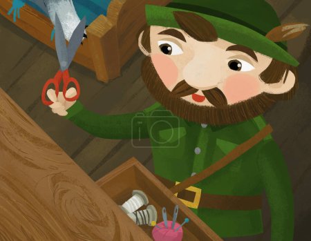 Téléchargez les photos : Cartoon scene with hunter forester in farm house with tailoring tools illustration - en image libre de droit
