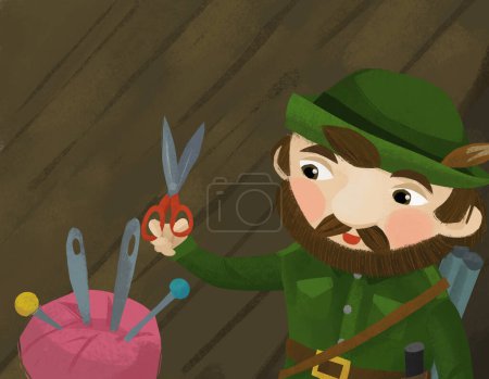 Téléchargez les photos : Scène de dessin animé avec chasseur forestier dans une ferme avec des outils de couture illustration - en image libre de droit