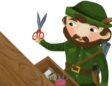 Téléchargez les photos : Scène de dessin animé avec chasseur forestier dans une ferme avec des outils de couture illustration - en image libre de droit
