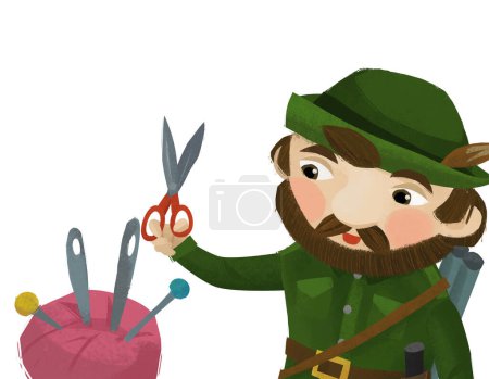 Foto de Cartoon scene with hunter forester in farm house with tailoring tools illustration - Imagen libre de derechos