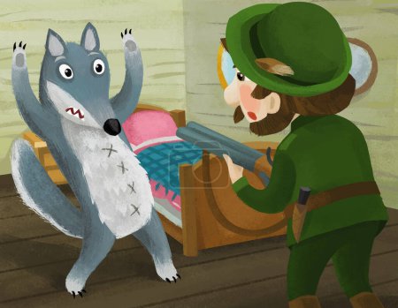 Téléchargez les photos : Cartoon scene with hunter forester hunting bad wolf in the farm house illustration - en image libre de droit