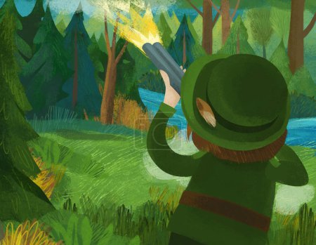 Téléchargez les photos : Scène de dessin animé avec chasseur forestier chasse avec une illustration de fusil - en image libre de droit