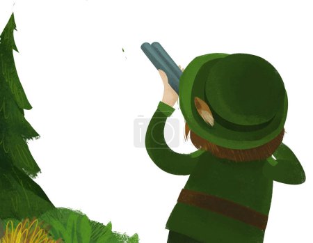 Téléchargez les photos : Cartoon scene with hunter forester hunting with a rifle illustration - en image libre de droit