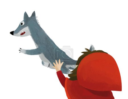 Téléchargez les photos : Scène de dessin animé avec loup et petite fille en capuche rouge illustration - en image libre de droit