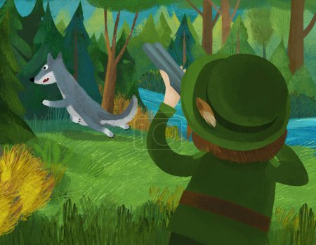 Téléchargez les photos : Scène de dessin animé avec chasseur forestier chasse loup dans la forêt illustration - en image libre de droit