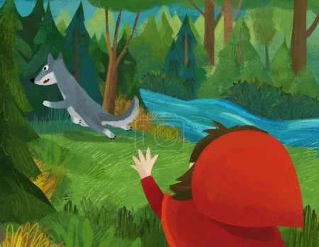 Téléchargez les photos : Cartoon scene with wolf and little girl in red hood illustration - en image libre de droit