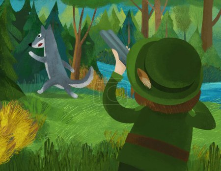 Téléchargez les photos : Cartoon scene with hunter forester hunting wolf in the forest illustration - en image libre de droit