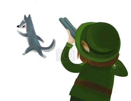 Téléchargez les photos : Cartoon scene with hunter forester hunting wolf in the forest illustration - en image libre de droit