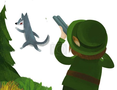 Téléchargez les photos : Cartoon scene with hunter forester hunting wolf in the forest illustration for children - en image libre de droit