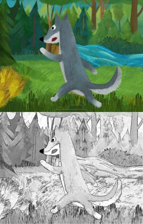 Téléchargez les photos : Cartoon scene with wolf in the forest illustration - en image libre de droit