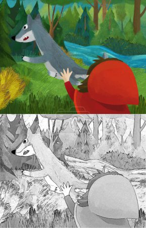 Téléchargez les photos : Scène de dessin animé avec loup et petite fille en capuche rouge illustration - en image libre de droit