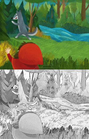 Foto de Cartoon scene with wolf and little girl in red hood illustration - Imagen libre de derechos
