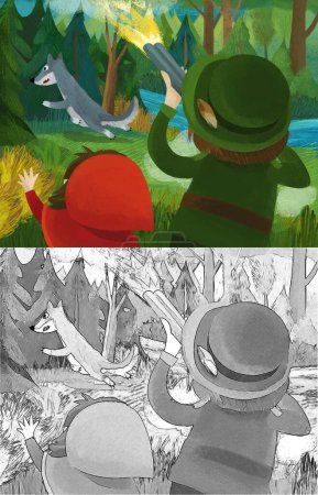Téléchargez les photos : Cartoon scene with hunter forester hunting wolf in the forest with little girl illustration - en image libre de droit