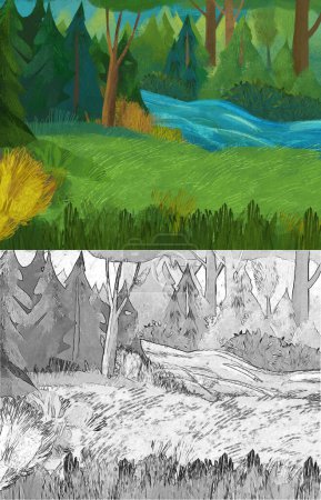Téléchargez les photos : Cartoon scene summer forest with nobody on stage illustration - en image libre de droit