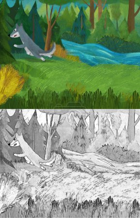 Foto de Cartoon scene with wolf in the forest illustration - Imagen libre de derechos