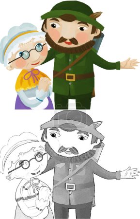 Foto per Cartoon scene with hunter and family illustration - Immagine Royalty Free