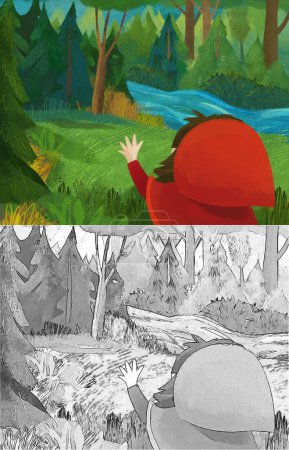Photo for Cartoon scene with little girl kid in red hood in forest illustration - Royalty Free Image