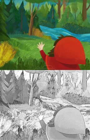 Photo for Cartoon scene with little girl kid in red hood in forest illustration - Royalty Free Image