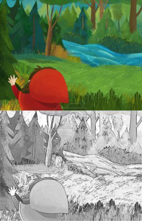 Téléchargez les photos : Scène de dessin animé avec petite fille gosse en capuche rouge dans l'illustration de la forêt - en image libre de droit