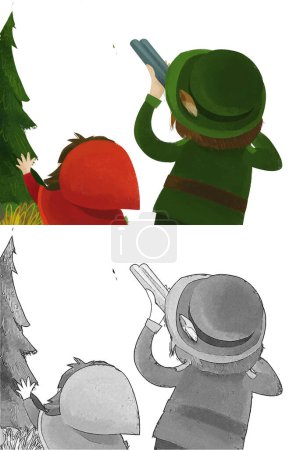 Foto de Escena de dibujos animados con cazador forestal y niña niño en la ilustración forestal - Imagen libre de derechos