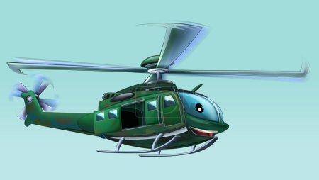 Téléchargez les photos : Scène de dessin animé avec hélicoptère militaire volant en service illustration - en image libre de droit