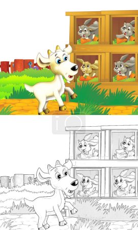 Téléchargez les photos : Scène de ferme de bande dessinée avec chèvre animale s'amusant sur fond blanc illustration pour les enfants - en image libre de droit
