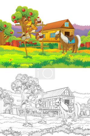 Foto de Escena de granja de dibujos animados con pájaro de pollo animal divirtiéndose sobre fondo blanco con espacio para el texto - ilustración para niños - Imagen libre de derechos